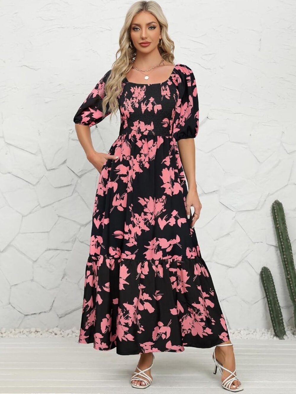 Women's Black Pink Puff Sleeve Square Neck Tiered Ruffle Ankle Length Maxi Dress - Picture 3 of 6